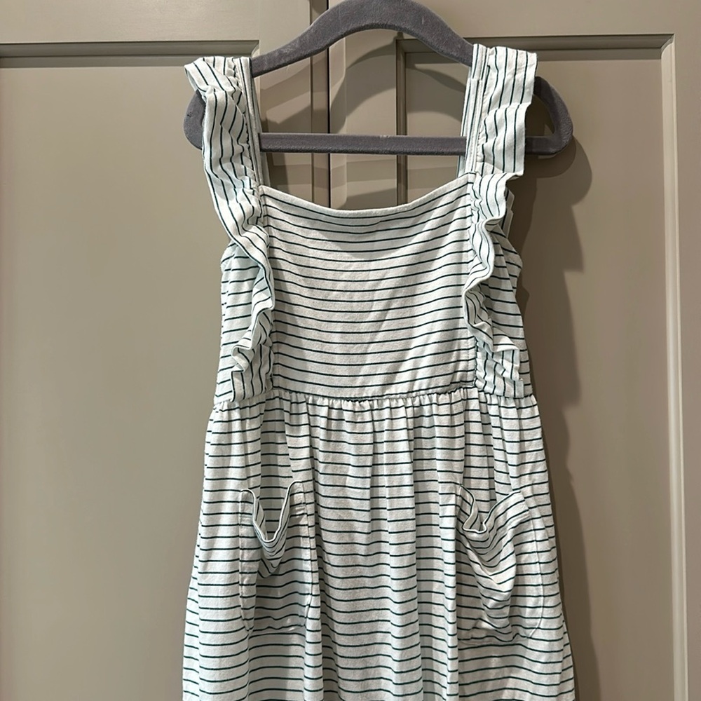 Kate Quinn teal stripe  dress with ruffles good used condition